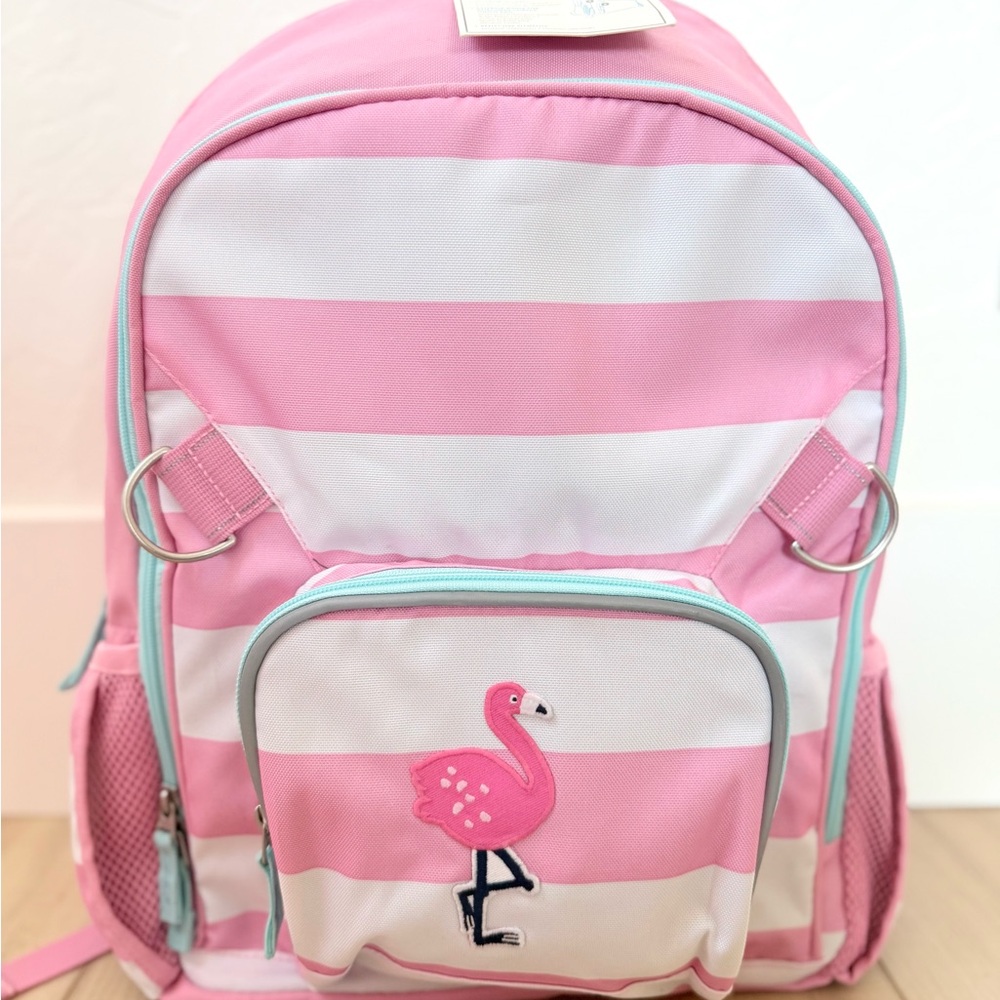Pottery Barn Kids Pink White Teal Fairfax Stripe Flamingo🦩 school Backpack NEW